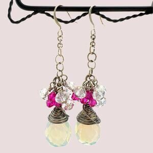 Wire Wrapped Opal Moonstone Teardrop with Pink Crystal Drop Earrings